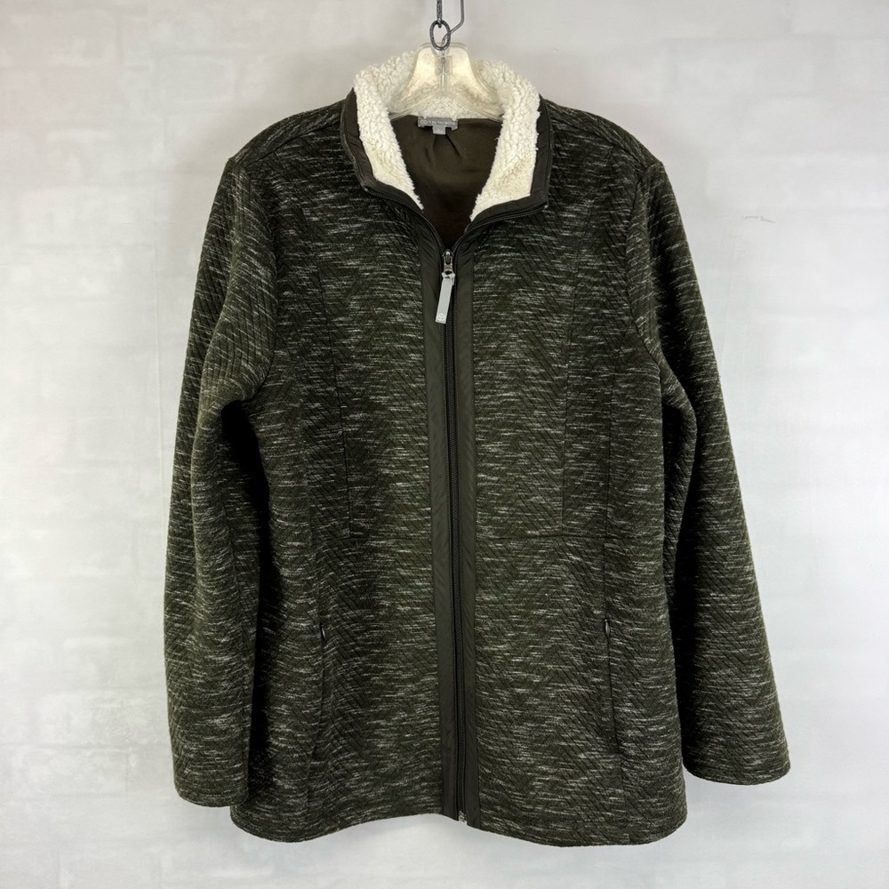 T by Talbots Olive Green Sherpa Lined Zip Jacket Womens Large Cozy Fleece